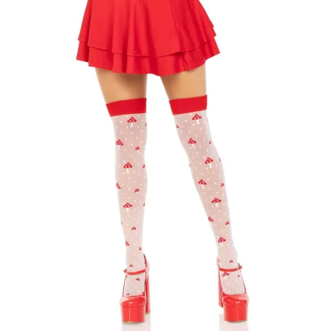 Чулки Leg Avenue Polka Dot Mushroom Thigh Highs, универсальный размер, бело-красные, на резинке, рисунок — грибы
