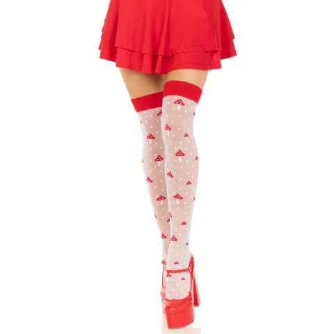Чулки Leg Avenue Polka Dot Mushroom Thigh Highs, универсальный размер, бело-красные, на резинке, рисунок — грибы