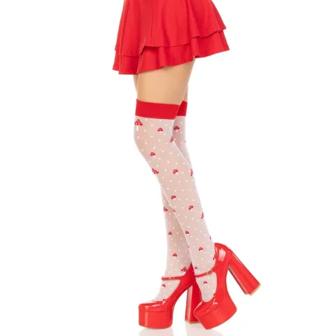 Чулки Leg Avenue Polka Dot Mushroom Thigh Highs, универсальный размер, бело-красные, на резинке, рисунок — грибы