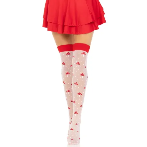 Чулки Leg Avenue Polka Dot Mushroom Thigh Highs, универсальный размер, бело-красные, на резинке, рисунок — грибы
