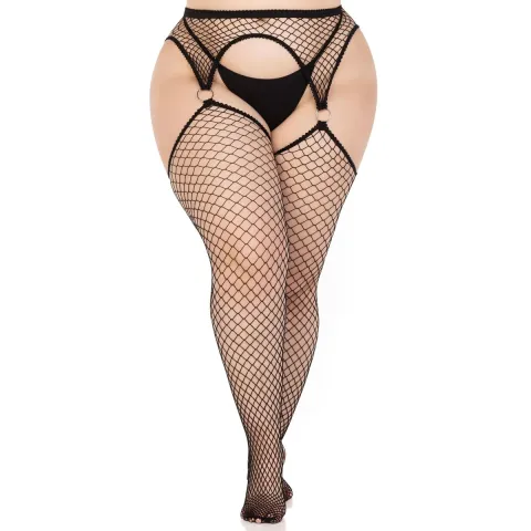 Панчохи Leg Avenue Stokings with O-ring Attached Garter Belt, 1X/2X, чорні, у сітку, імітація пояса