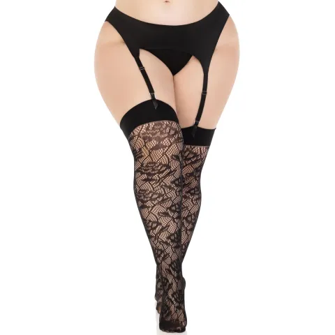 Чулки Leg Avenue Wild rose net thigh highs, 1X/2X, черные, широкая резинка, рисунок в виде роз