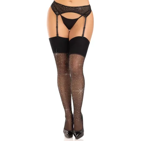 Панчохи зі стразами Leg Avenue Wide Top Rhinestone Sheer Stockings, One Size, чорні, вище коліна