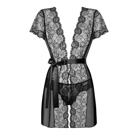 Пеньюар Obsessive Alluria peignoir & thong, S/M, прозрачный, с кружевом, пояс, трусики в комплекте