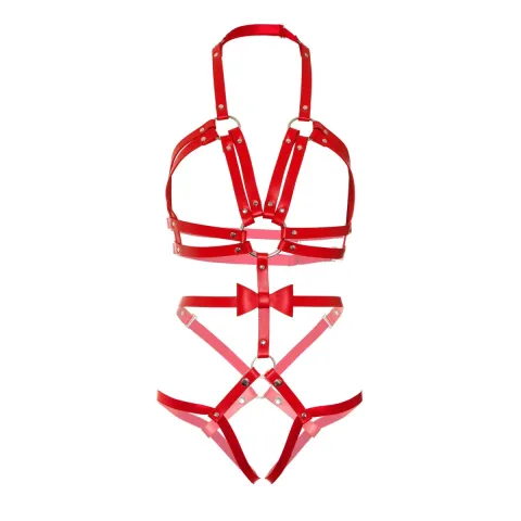 Портупея-тедди из ремней Leg Avenue Studded O-ring harness teddy S Red, экокожа