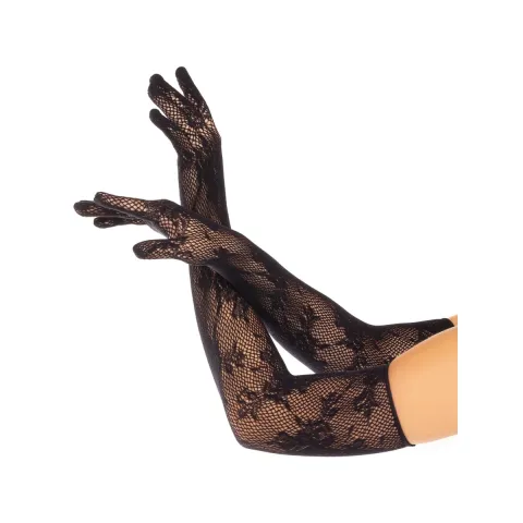 Рукавички Leg Avenue Lace Opera Length Gloves, One Size, чорні, вище ліктя, сітка з квітковим візерунком