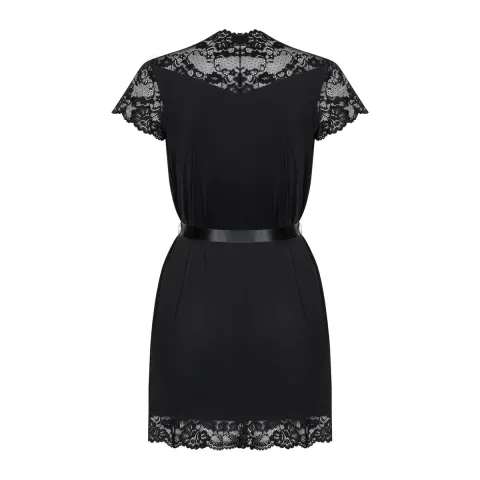 Сатиновий відкритий пеньюар на поясі Obsessive 810-PEI–1 peignoir black L/XL, чорний