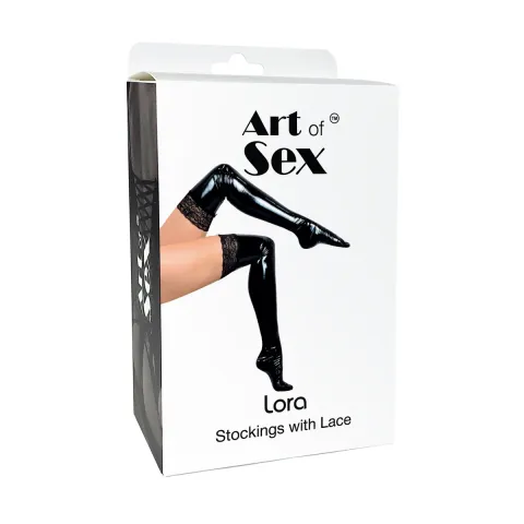 Сексуальні вінілові панчохи Art of Sex - Lora з мереживом, розмір L, з ефектом голограми
