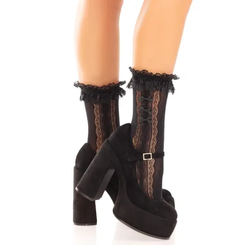 Ажурные носочки Leg Avenue Mini Bow Lace Anklet, черные, с рюшами, декор — бантики