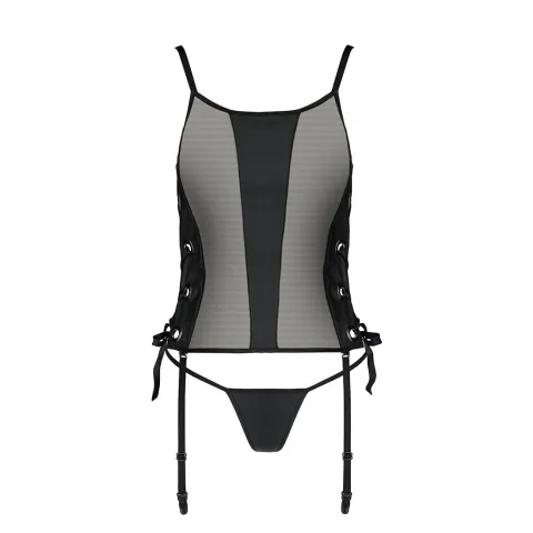 Сітчастий корсет з люверсами і знімними пажами Passion MALWIA CORSET 2XL/3XL black екошкіра, стрінги