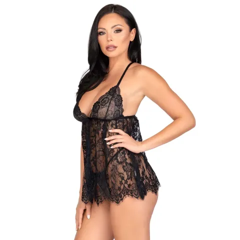 Рубашка-беби-долл Leg Avenue Floral lace babydoll & string Black L, стринги