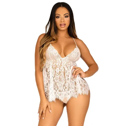 Сорочка бебі-дол Leg Avenue Floral lace babydoll & string White S, стрінги