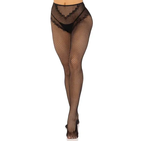 Стрип-колготки Leg Avenue Crotchless Net Tights with Heart Backseam, один размер, черные, с открытым промежностью