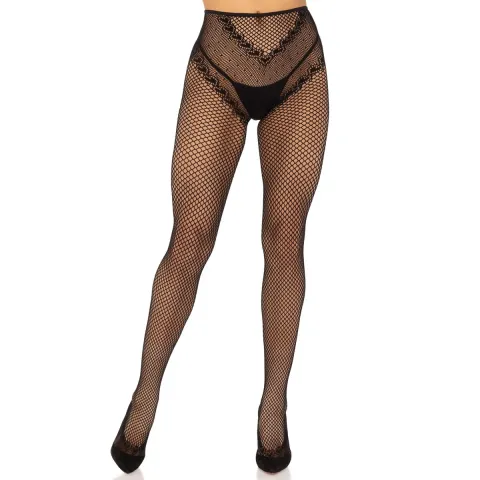 Стрип-колготки Leg Avenue Crotchless Net Tights with Heart Backseam, один размер, черные, с открытым промежностью