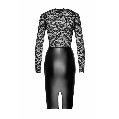 Платье Noir ручной работы F295 Euphoria, XL, чёрное, кружевное, глубокий вырез, латексная миди юбка