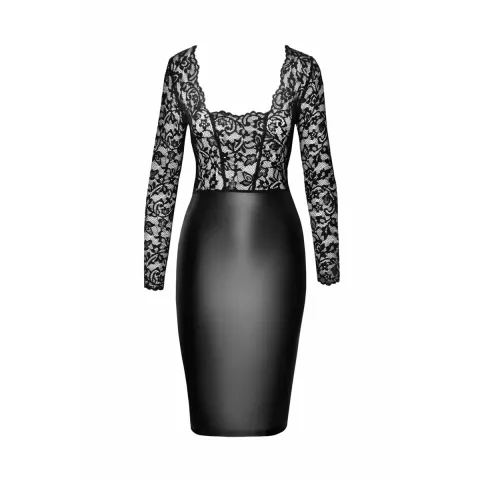 Платье Noir ручной работы F295 Euphoria, XXL, чёрное, кружевное, глубокий вырез, латексная миди юбка