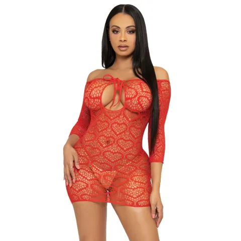 Сукня-сітка з сердечками Leg Avenue Heart net mini dress Red, зав’язки, відкриті плечі, one size