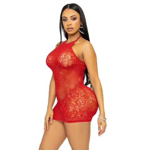 Платье-сетка со стразами Leg Avenue Rhinestone halter mini dress Red, открытая спина, один размер
