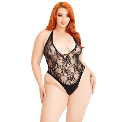 Тедді Leg Avenue Floral lace deep-V teddy, 1X/2X, чорне, мереживне, відкрита спина, високі трусики
