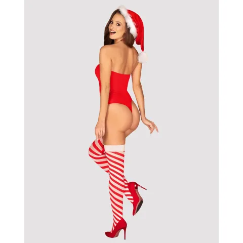 Тедді Obsessive Kissmas teddy, L/XL, червоне, без бретелей, чокер, панчохи та шапка з помпоном у наборі