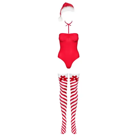 Тедді Obsessive Kissmas teddy, L/XL, червоне, без бретелей, чокер, панчохи та шапка з помпоном у наборі