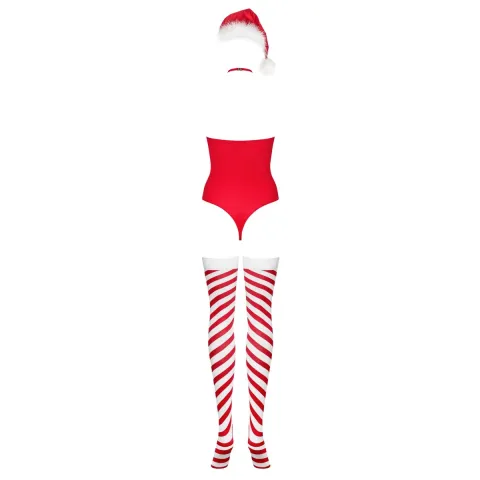 Тедді Obsessive Kissmas teddy, L/XL, червоне, без бретелей, чокер, панчохи та шапка з помпоном у наборі
