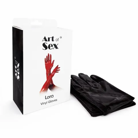Виниловые перчатки Art of Sex — Lora, размер M, цвет черный с эффектом мокрого бархата