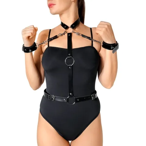 Жіноча портупея з наручниками Art of Sex - Ursula чорна XS-2XL, екошкіра