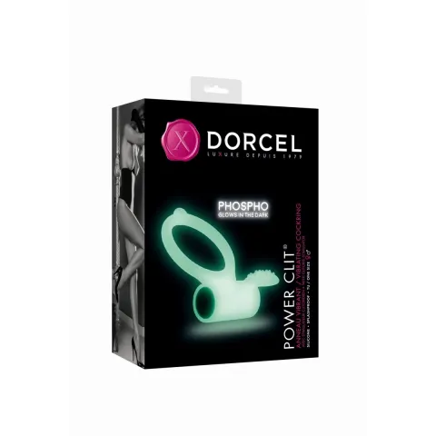 Эрекционное кольцо Dorcel Power Clit White PHOSPHO с вибрацией, белого цвета, светится в темноте