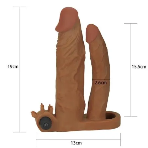 Насадка на пенис — Pleasure X-Tender: вибрирующий двойной чехол для пениса, увеличивающий длину на 2 дюйма, коричневый