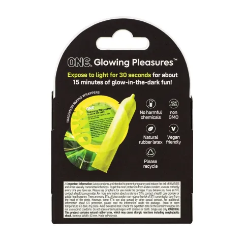 Презервативы ONE Glowing Pleasures, 3 шт., светятся в темноте, со смазкой, картонная упаковка