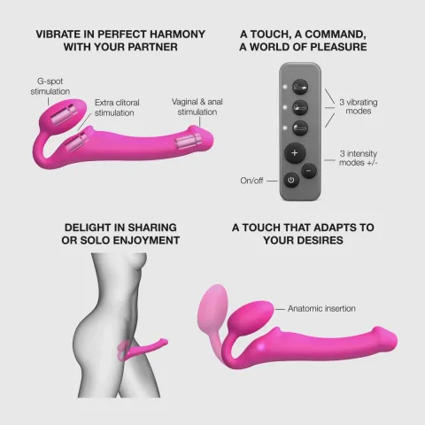 Страпон без ремней с вибрацией Strap-On-Me Vibrating Fuchsia XL, диам. 4,7 см, пульт ДУ, регулируемый