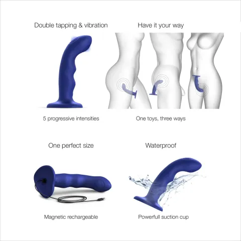 Насадка для страпона с двойной точечной пульсацией Strap-On-Me TAPPING DILDO WAVE – NIGHT BLUE, М