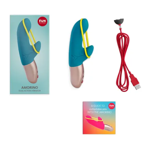 Мини-вибратор «кролик» со стимулирующей лентой Fun Factory AMORINO petrol/neon yellow, лента съемная