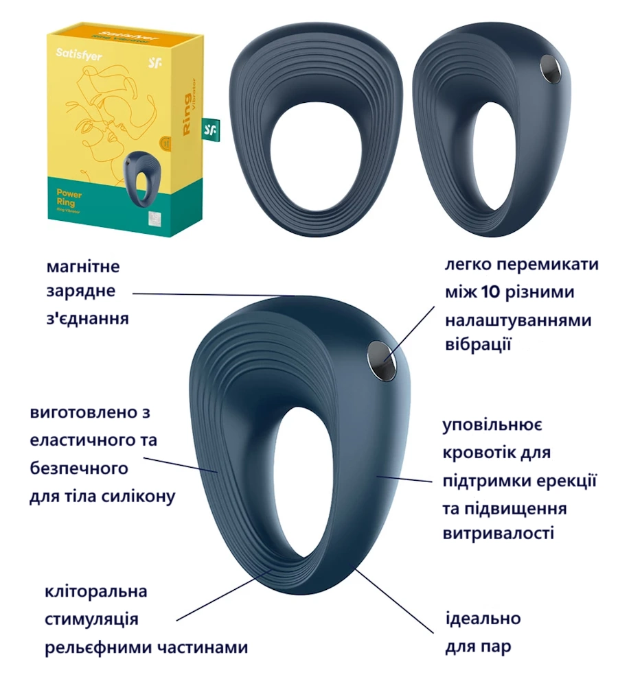 Ерекційне кільце з магнітним зарядним з'єднанням, виготовлене з безпечного для тіла силікону, з 10 режимами вібрації.